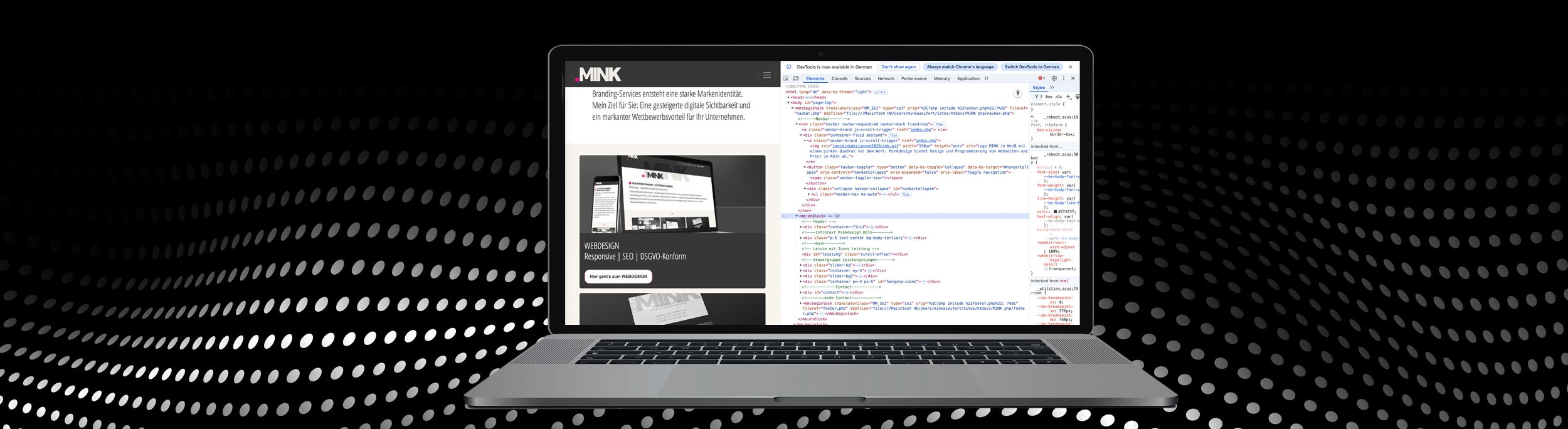 ein Laptop mit Minkdesign Oberfläche,auf dem Laptop ist ein Bild mit paragraphen, die graphisch interisannt angeordnet sind. Minkdesin, rechtliches