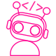 Bildbeschreibung Codierung mit Köpfchen: Ein kleiner niedlicher Avatar in Computerform als Icon in pinkfarbebener Outline und zwei Antennen auf dem Kopf. Zwischen den Antennen ist ein Codierungs Tag. Minkdesign - durchdachte Programmierung füt  Ihre  Webseite