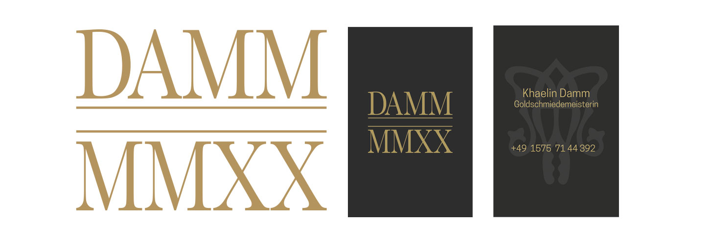 Das Logo der Goldschmiedin Khalin Damm, und die dazugehörige Visitenkarte. Printdesign Minka Seifert, Minkdesign, Köln>/