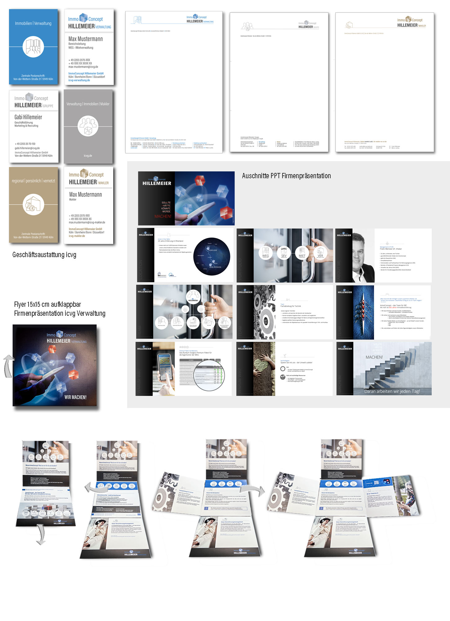 Geschäftsaustattung, Visite, Briefpapier, PPT Präsentation und ein Flyer, der nach 4 Seiten aufgeklappt werden kann. ; MInkdesign