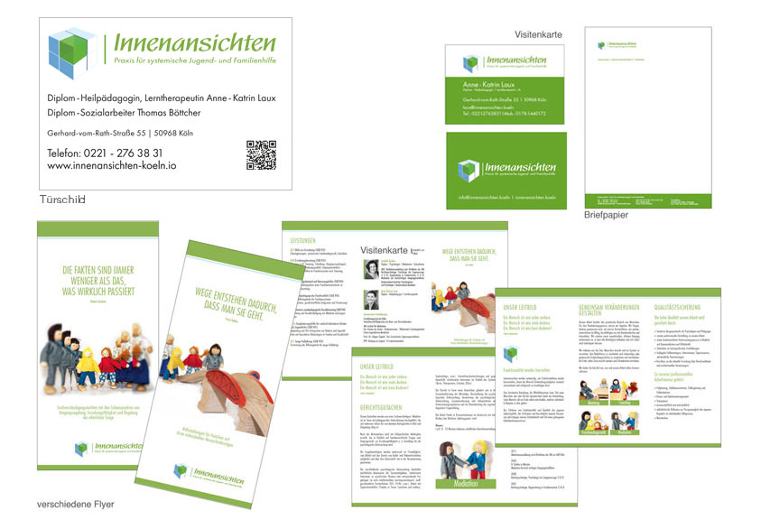 flyer und visitenkarten und Geschäftspapier von Innenasichten, und die dazugehörige Visitenkarte. Printdesign Minka Seifert, Minkdesign, Köln/