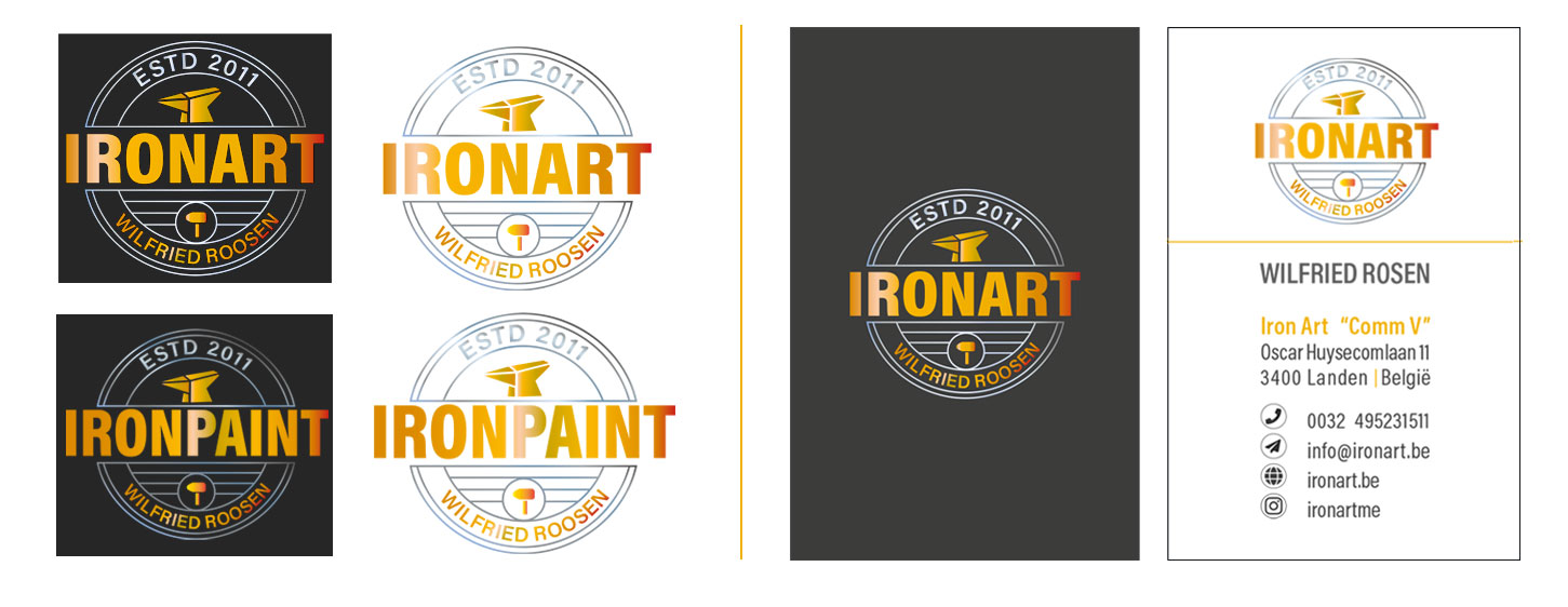 Das Logo des Kunden IRONART, und die dazugehörige Visitenkarte. Printdesign Minka Seifert, Minkdesign, Köln/