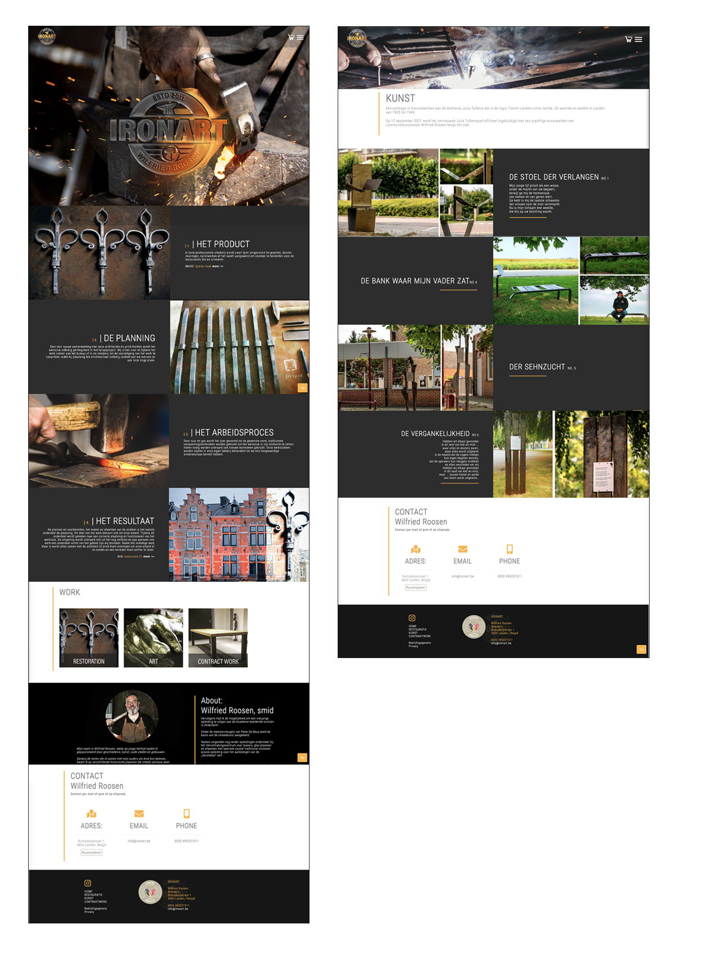 Beispielseiten des Kunden IRONART, in einem schwarz weißen Kacheldesign. Minkdesign, Webseiten und Print 