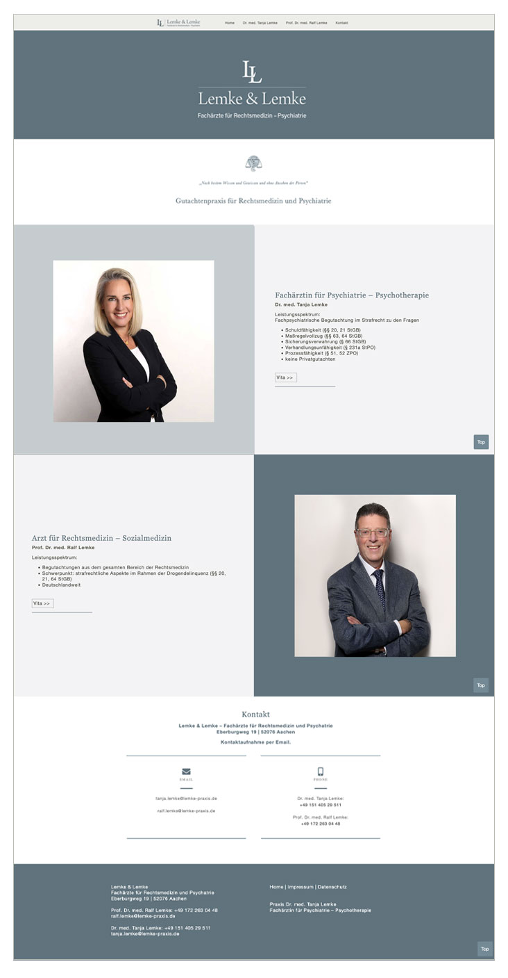 Webseitenbeispiele der DR. med. Lemke & Prof. Dr.med. Lemke – Gutachtenpraxis; Von MInkdesign, Köln Rodenkirchen