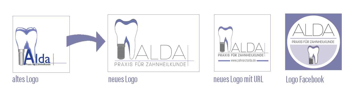 modifiziertes Logo und altes Logo von Zahnarzt Alda im Vergleich. Erstellt von MInkdesign, Köln Rodenkirchen