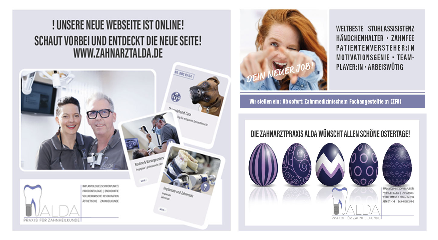 Beispiele für kleine social media PostsZahnarzt Alda im Vergleich. Erstellt von MInkdesign, Köln Rodenkirchen