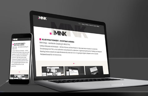 Bildbeschreibung: Ein aufgeklapptes Laptop und ein Handy daneben, mit der Webseite von Minkdesign. Die Seite ist in schwarz/weiß gehalten und einen einige pinkfarbene Aktzente. Teaser Webdesign | UX/UI, responsives Webdesign, Mink-Design, Minkdesign, Köln